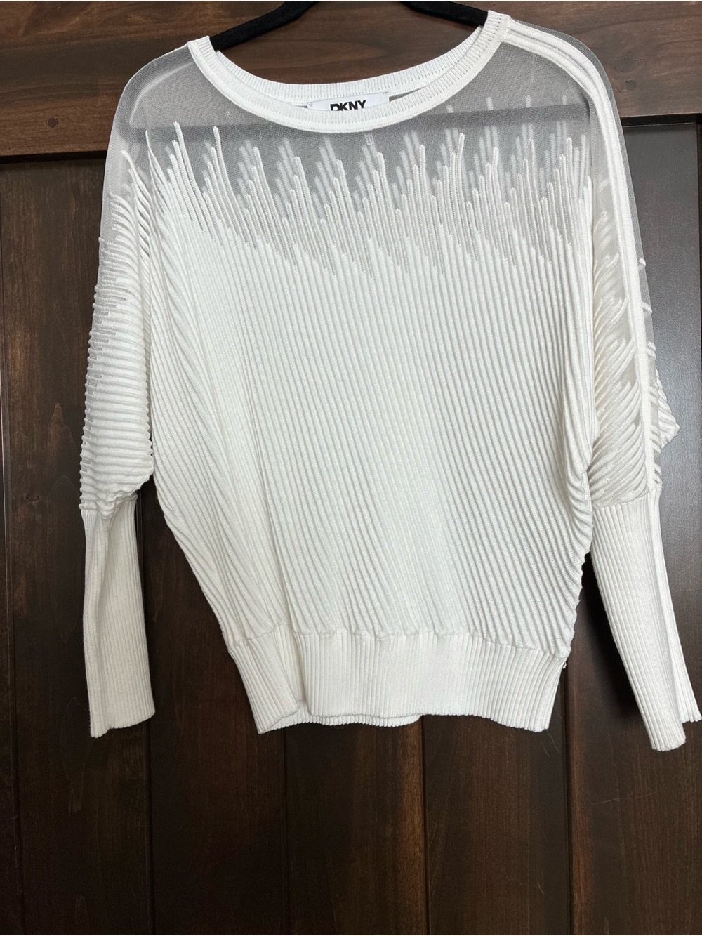 Dkny White Ribbed Sheer Yoke Crew Neck Sweater